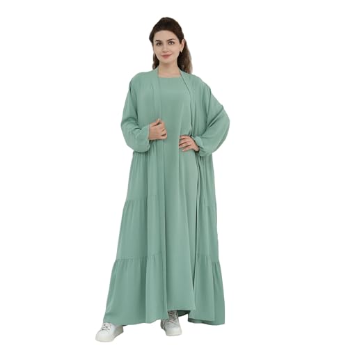 Prlemend Two-Pieces Abaya for Women Muslim Robe with Belt Prayer Dress Set | 2PCs, with Belt, Cake Skirt - color: Pea Green, size: Medium