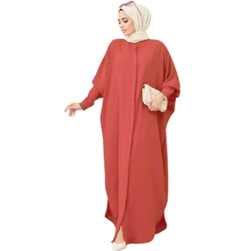 AWIBMK Women Abayas Dubai Kaftan Henley Shirt Prayer Maxi Dress Muslim Batwing Sleeve Ramadan Islamic Clothes - color: Brick Red