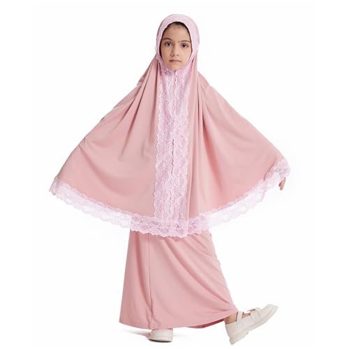 Girls Abaya Muslim Prayer Dress 2 Piece Maxi Sleeve Full Cover Lace Hijab Kaftan Tops Long Skirt Kids Soft Elastic - color: Pink, size: 3-4T
