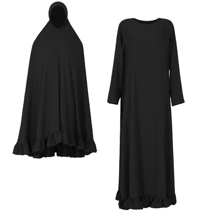2PCS Abayas for Women Muslim Dress Ruffled Hem Modest Prayer Robe Full Coverage Modest Jilbab Set - color: Black, size: Large