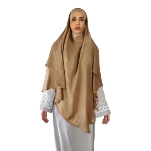 SIQITECHNO Womens Muslim Long Khimar Hijab Scarf Chiffon Sparkling Islamic Arabian Khimar Niqab Ramadan Eid Prayer Scarf Wrap - color: Khaki