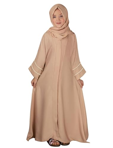 ABEWIP Girls Muslim Dress Chiffon Kaftan Maxi Dress Cardigan Robe Islamic Modest Hijab Dress for Girls with Pockets - color: Champagne, size: 9-10 Years