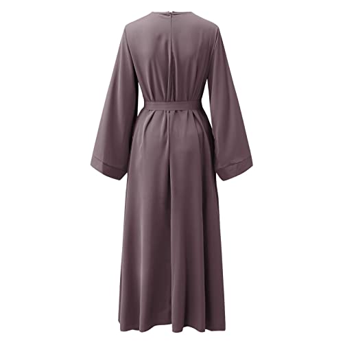 Casual Maxi Dresses for Women Long Sleeve Spring Pleated Flowy A Line Prayer Dress Muslim Dresses with Belt - color: Purple, size: Large