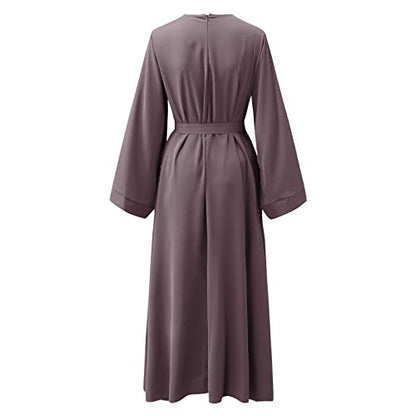 Casual Maxi Dresses for Women Long Sleeve Spring Pleated Flowy A Line Prayer Dress Muslim Dresses with Belt - color: Purple, size: Large