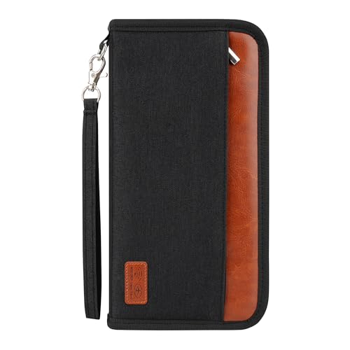 Passport Holder Family Travel Large RFID Blocking Passport Organizer, Travel Essentials Premium Wallets Credit Cards Case, Multi Pocket Waterproof Document Bag for Airports Vacations Business Trips - color: Black+Brown