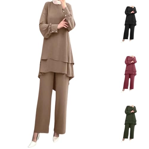 Muslim Casual 2 Piece Set For Women Long Sleeve Loose Top Wide Leg Pants Suit Plus Size Outfit Prayer Clothes - color: 1-khaki, size: Medium