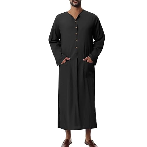 Muslim Thobe for Men Button Down Kaftan Long Sleeve Long Gowns Solid Sleep Shirts Robes with Pockets Side Split - color: Black, size: Large