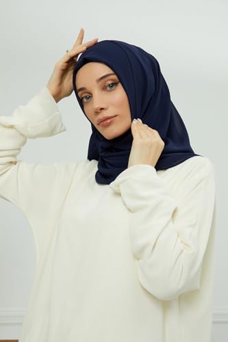 Aisha's Design Instant Chiffon Shawl for Women Modesty Turban Hijab Head Wrap Ready to Wear Women Headscarf - color: Navy Blue