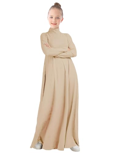 WSPLYSPJY High Neck Kids Girls Abaya Dress Solid Color Muslim Robe Prayer Clothes with Pockets - color: 라이트 카키., size: 5~6세