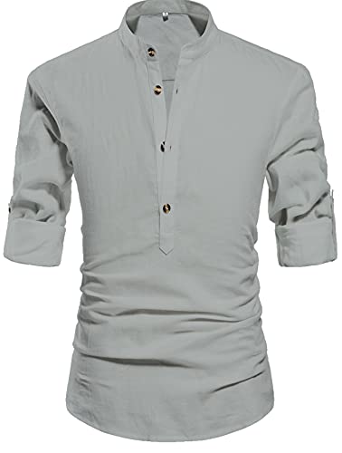 NITAGUT Men Henley Neck Long Sleeve Daily Look Linen Shirts - color: Grey, size: Medium