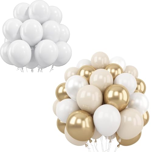 White Gold Balloon Bundle Kit, 110 Pcs 12 Inch White Beige Sand Metallic Gold Latex Balloons for Wedding Baby Shower Bridal Engagement Birthday Party Decorations