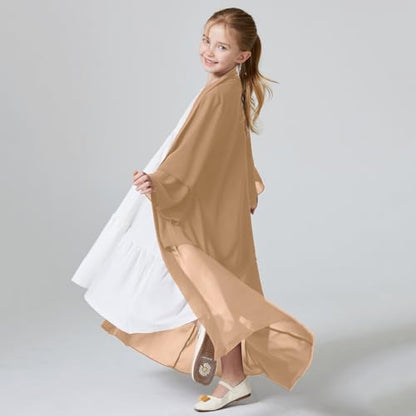 Kids Abaya Dress for Girls Muslim Dress with Hijab Chiffon Layered Open Front Cardigan Ramadan Eid Kaftans Dubai Outfit - color: Khaki, size: 5-6 Years