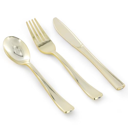 Elama 150 Piece Disposable Plastic Dinnerware Party Set for 25 Guests in White with Gold Trim - color: Gold
