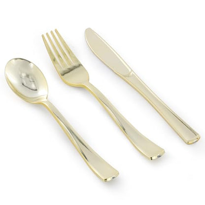 Elama 150 Piece Disposable Plastic Dinnerware Party Set for 25 Guests in White with Gold Trim - color: Gold