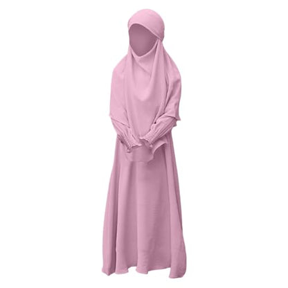 Muslim Clothes for Toddler Girls Long Sleeve Abaya with Hijab Two Piece Kids Prayer Dress Maxi Islamic Scarf Kaftan - color: Pink, size: 9-10 Years