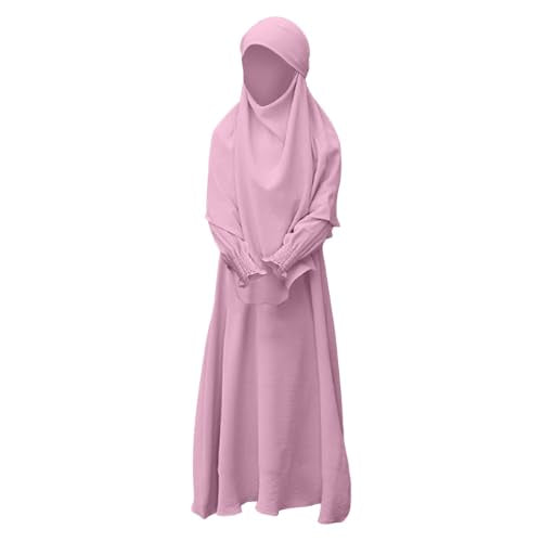 Muslim Clothes for Toddler Girls Long Sleeve Abaya with Hijab Two Piece Kids Prayer Dress Maxi Islamic Scarf Kaftan - color: Pink, size: 5-6 Years