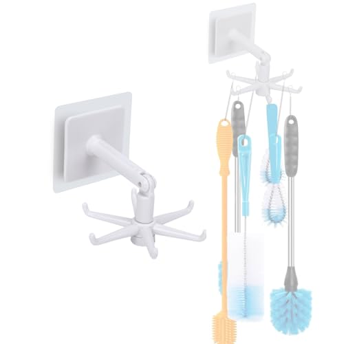 YeeBeny 360 Degrees Rotating Folding Hook Self-Adhesive 180 Degrees | Self Adhesive Utensil Rail With Hooks For Baby & Bottle Brush Holder - color: White