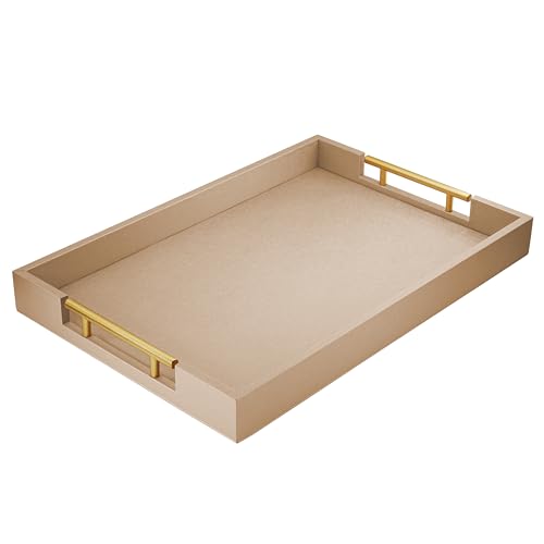 ATZYmolin 17"x12" Leather Serving Tray, Gold Handle Vanity Platter, Khaki - color: Patinated Gold, size: 17" x 12" x 1.8"