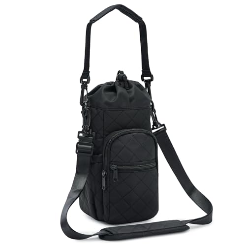 sportsnew 40oz Insulated Crossbody Water Bottle Bag Gym Hiking Phone Pocket | Water-resistant Lining, Padded Strap, Top Handle, Drawstring, Phone Pocket, Elastic Slots, Built-In Key Clip for Gym Walking - color: Quilt Black