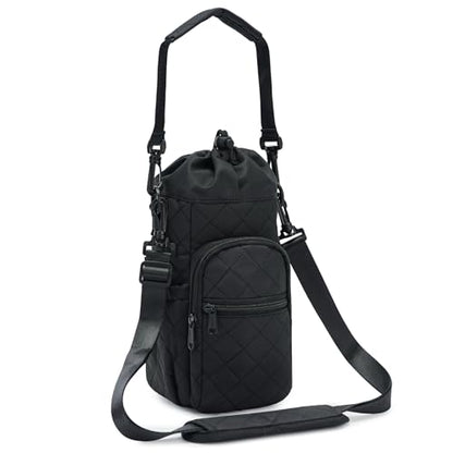 sportsnew 40oz Insulated Crossbody Water Bottle Bag Gym Hiking Phone Pocket | Water-resistant Lining, Padded Strap, Top Handle, Drawstring, Phone Pocket, Elastic Slots, Built-In Key Clip for Gym Walking - color: Quilt Black