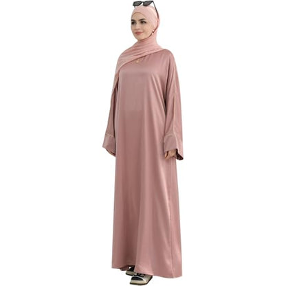 Muslim Praying Dress for Women Silk Glossy Back Zipper Robe Wear Gold Trim Modest Abaya Dress with Hijab - color: Pink, size: Small