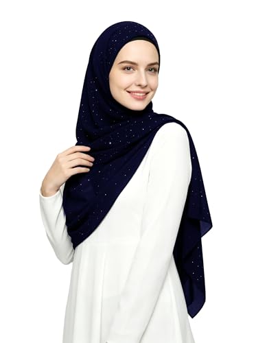 Lina & Lily Sparkle Shimmer Gold Glitter Women's Chiffon Hijab Head Scarf Shawl Wrap Lightweight - color: Navy Blue