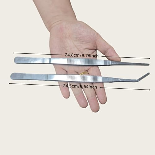 2 Pack Long Stainless Steel Tweezers Set, Heavy Duty Straight & Curved Tongs with Serrated Tips, Multi-Purpose Extended Tweezers for Bonsai Care, Aquarium Aquascaping, Terrarium and Crafting