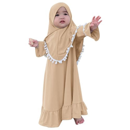 IWEMEK Infant Baby Girl Prayer Dress Kids Muslim Clothes for Toddler Girls Abaya with Hijab Ruffle Islamic Eid Ramadan Outfit - color: Khaki, size: 6-12 Months