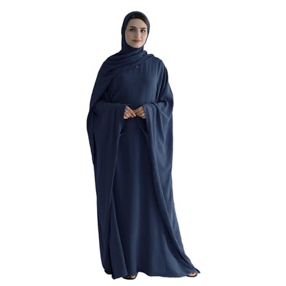 Abaya 무슬림 여성용 드레스 배트윙 슬리브 루즈핏 맥시 겸손한 이슬람 의류 히잡 스카프 포함 기도 드레스 - color: 네이비