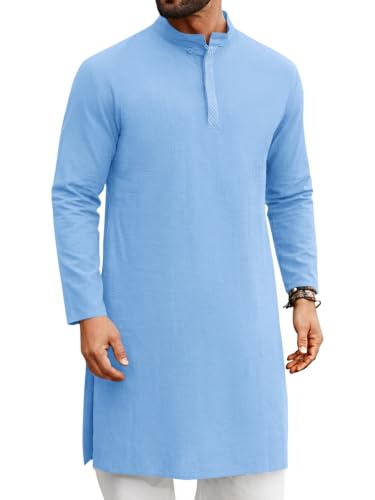 Runcati Mens Kaftan Thobe Button Down Henley Shirts Long Sleeve Kurta - color: Sky Blue, size: XX-Large