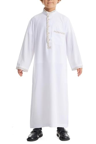 Qianliniuinc Boy's Islamic Dress Round Collar - Youth Long Sleeve Muslim Thobe Arabic Robe Embroidery Clothes with Pockets - color: White a, size: 150CM