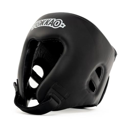 YOKKAO Premium Head Guard | Handmade Genuine Leather Headgear | Ideal for Muay Thai, Boxing, Kickboxing Sparring, Hard Training & Professional Competitions - color: Black Competition, size: Large