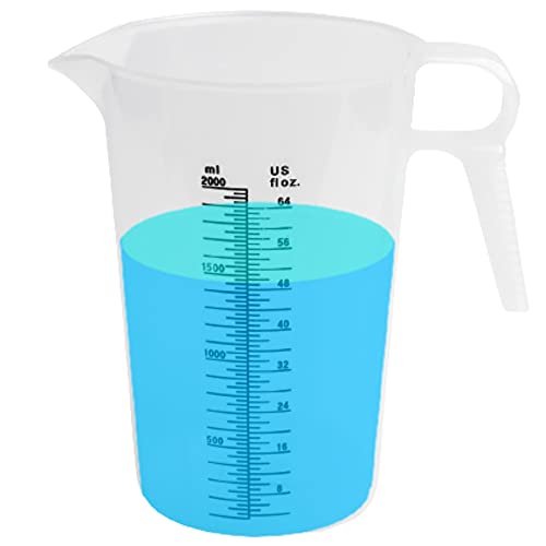 64oz (1/2 gallon) Measuring Pitcher, Plastic, Multipurpose - Great for Oil, Chemicals, Pool and Lawn - Ounce (oz) and Milliliter (mL) Increments (2000 mL) - size: 64oz