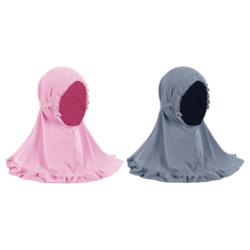 GREUS 2Pcs Kids Hijab for 2-6Y Girls Muslim Headscarf One Piece Hijabs Khimar Islam Arab Scarf Turban Bandana Hat Head Wrap - color: Set G (Grey + Pink)