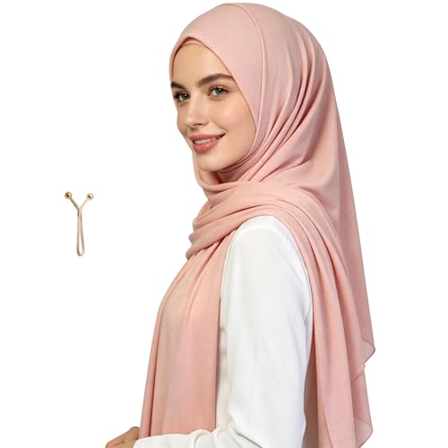 Jersey Hijab Scarf for Women,Lightweight Muslim Turban Head Scarf Modal Feel Hijab Coverings for Prayer with Clip - color: Pink