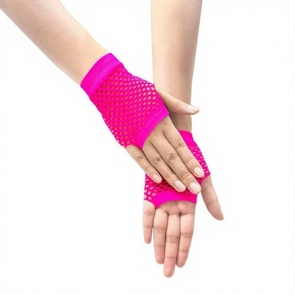 Short Fishnet Gloves for Women Fingerless Mesh Fishing Net Gloves 80s Fish Net Arm Sleeves Halloween Party Cosplay Costume - color: Hot Pink