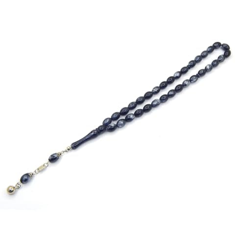 Perlin Muslim Prayer Beads 33 Bead Tasbih Islamic Misbaha Subha Dhikr Rosary with 12 x 8 mm Oval Beads Ottoman Style Prayer Necklace with Metal Tassel Handmade Islamic Gift 25 cm (Black White) - color: black white