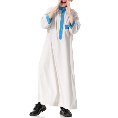 Arabic Thobe for Muslim Boys Eid Outfit Long Sleeve Kaftan Kids Prayer Dress Boys Muslim Thobe Ramadan Islamic Clothing - color: Beige, size: 9-10 Years
