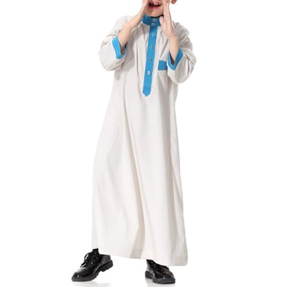 Arabic Thobe for Muslim Boys Eid Outfit Long Sleeve Kaftan Kids Prayer Dress Boys Muslim Thobe Ramadan Islamic Clothing - color: Beige, size: 9-10 Years