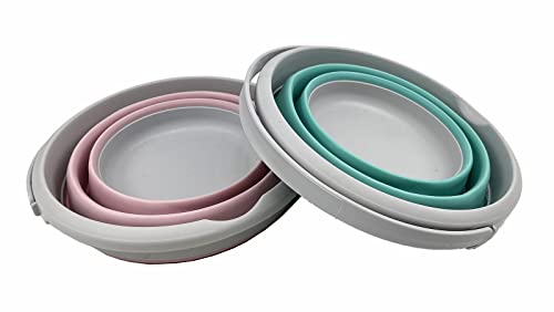 SAMMART 5.5L (1.4 Gallon) Set of 2 Collapsible Plastic Bucket - Foldable Round Tub - Portable Fishing Water Pail - Space Saving Outdoor Waterpot. (Pale Pink + Pine) - color: Pale Pink + Pine