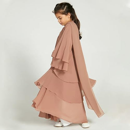 IDOPIP Muslim Girls Abayas Dress for Kids Long Sleeve Chiffon Islamic Kaftan Robe Open Front Cardigan Prayer Dress with Hijab - color: Light Brown, size: 4-5T