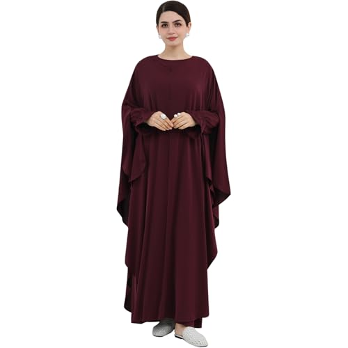 2PCS Women's Muslim Abaya Dress Lace Cuffs Islamic Dubai Prayer Robe Smooth Flowy Muslim Women Clothes - color: Wine Red, size: Medium