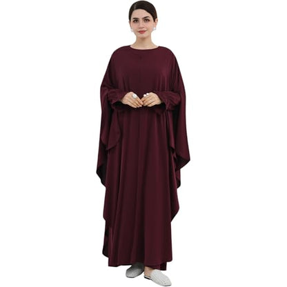 2PCS Women's Muslim Abaya Dress Lace Cuffs Islamic Dubai Prayer Robe Smooth Flowy Muslim Women Clothes - color: Wine Red, size: Medium