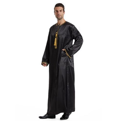 Qianliniuinc Muslim Islamic Pakistan Dubai Abaya Thobe Middle East Style Embroidered Men's Clothing S-XXXL - color: Black, size: Medium