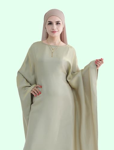 Dubai Bat Sleeve Dress Shiny Robe for Women Muslim 1pc Abaya Eid Prayer Clothes Soft Dubai Travel Party Dress Maxi Abaya - color: Beigea, size: Medium