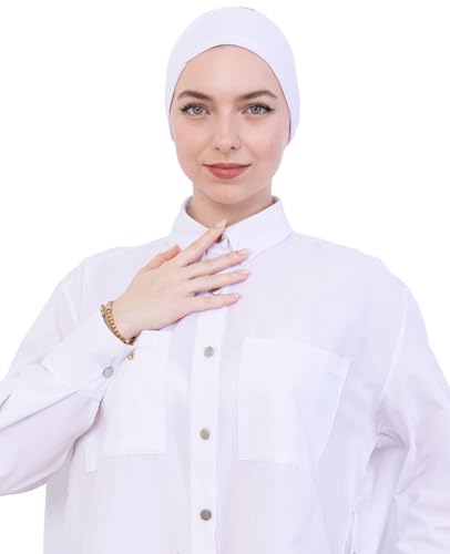 Prien Women Cotton Hijab Cap, Stretchy Head Cover, Pre-Sewn Inner Muslim Scarf Undercap, Non Slip Headband for Daily Wear - color: White