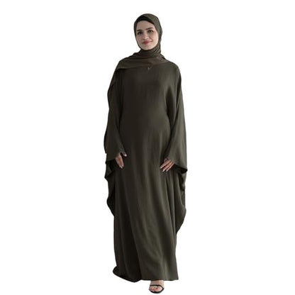 Abaya 무슬림 여성용 드레스 배트윙 슬리브 루즈핏 맥시 겸손한 이슬람 의류 히잡 스카프 포함 기도 드레스 - color: 아미 그린.