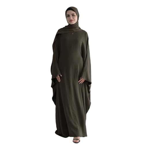 Abaya Muslim Women Dress Batwing Sleeve Loose Maxi Modest Islamic Clothes Prayer Dress with Hijab Scarf - color: Army Green