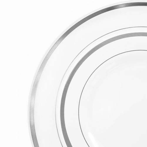 Elama 150 Piece Disposable Plastic Dinnerware Party Set for 25 Guests in White with Silver Trim - color: Silver