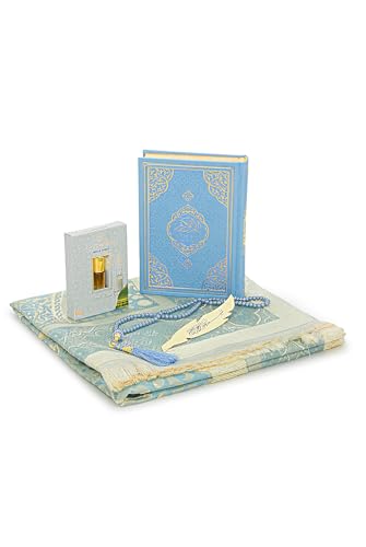 ihvan online Prayer Gift Set for Hajj and Umrah, Muslim Prayer Rug, Prayer Mat, Beads Taasbih, Holy Quran Translated English, Muslim Praying Mat, Islamic Gift Set for Ramadan & Eid, Blue - color: Blue English